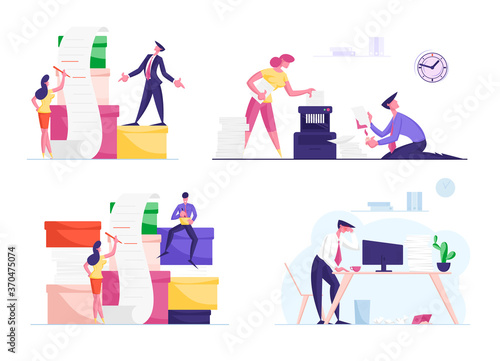 Set of Business People Work with Huge Pile of Paper Documents, Busy Office Employee Deadline Stress, Destroy Secret Docs