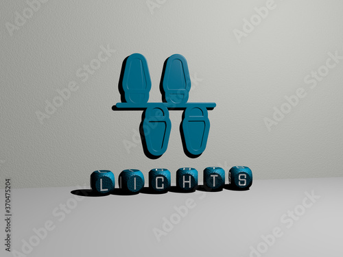 LIGHTS 3D icon on the wall and text of cubic alphabets on the floor. 3D illustration. background and abstract