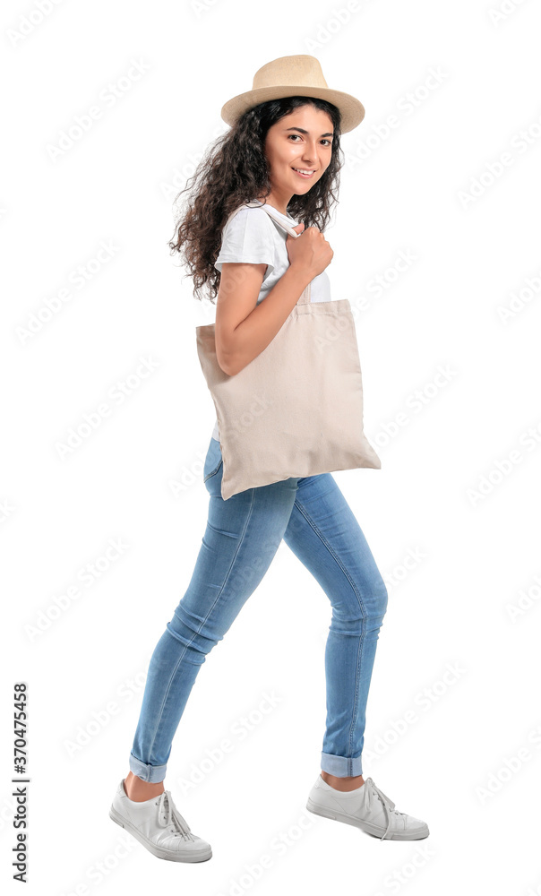 Beautiful young woman with eco bag on white background Beautiful young woman with eco bag on white background