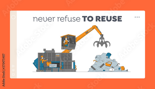 Scrapmetal Recycling and Reuse Landing Page Template. Worker Characters Control Crane Arm Loading and Press Metal Scrap