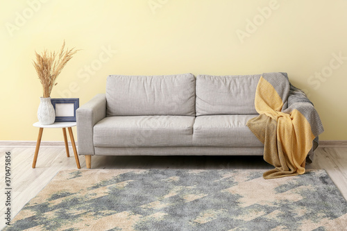 Fotografie Interior of modern room with sofa and beautiful carpet