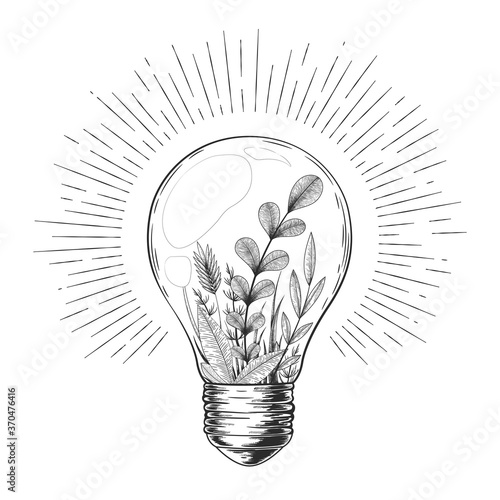 Vector vintage illustration with hand drawn light bulb, plants, herbs, branches and floral elements inside isolated on white background