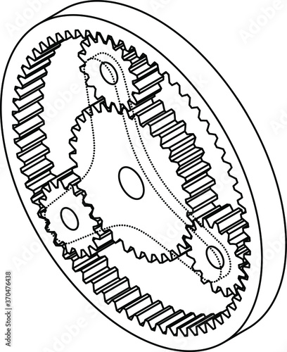 A planetary gear system with a central sun gear, three planets gears, and an encompassing ring gear. Line art.