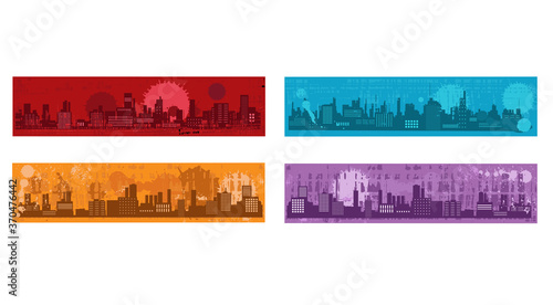 Set of horizontal urbanistic banners with skyscrapers