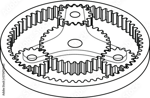 A planetary gear system with a central sun gear, three planets gears, and an encompassing ring gear. Line art.
