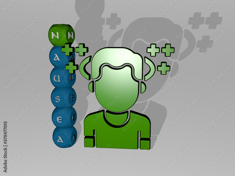 nausea 3D icon and dice letter text. 3D illustration. woman and ache nausea 3D icon and dice letter text. 3D illustration. woman and ache