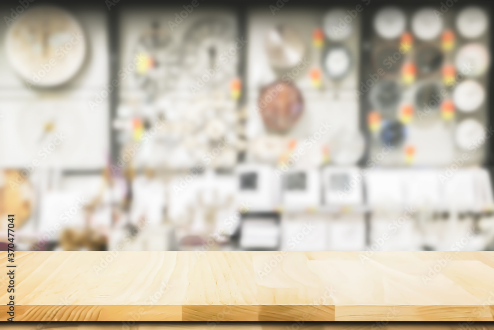 Empty and clean surface space of white oak wooden table top for advertising and presentation display stock clearance sale promotion for home products with blurry bright light indoor of interior shop. Empty and clean surface space of white oak wooden table top for advertising and presentation display stock clearance sale promotion for home products with blurry bright light indoor of interior shop.