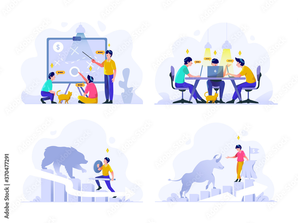 Fototapeta premium Business and finance Vector Illustration flat gradient design style, strategic planning, discussion of meeting, bear market, bull trend