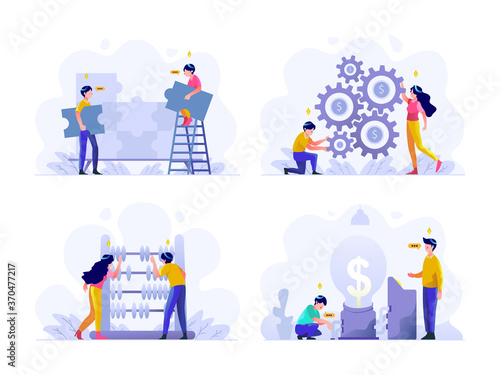 Business and finance Vector Illustration flat gradient design style, puzzle, problem solving, teamwork, money management setting, abacus, calculation, idea