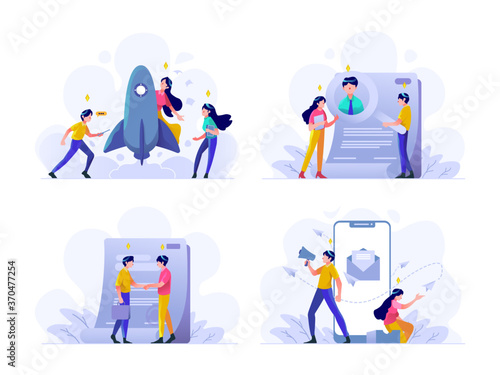 Business and finance Vector Illustration flat gradient design style, startup, worker search, contract agreement, megaphone, internet social media marketing