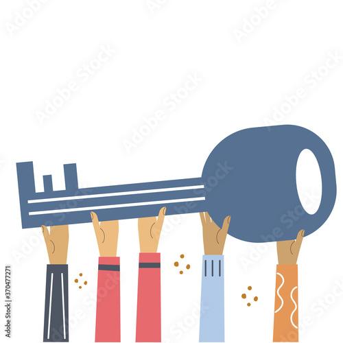 Hands hold large key. Flat illustration for banner, web design. 