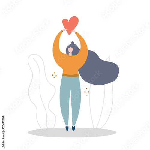 Girl hold little heart, woman in love. Valentine day, volunteer concept, charity work design. Hand drawn illustration isolated on white background.