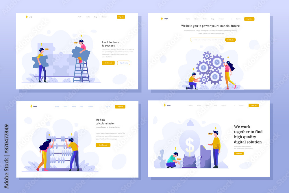 Landing Page Business and finance Vector Illustration flat gradient design style, puzzle, problem solving, teamwork, money management setting, abacus, calculation, idea