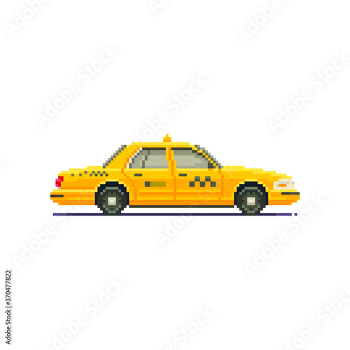 Taxi icon. Pixel art car flat style. Icon for websites, logo, web design, mobile app, info graphics. 8-bit sprite. Isolated vector illustration. 