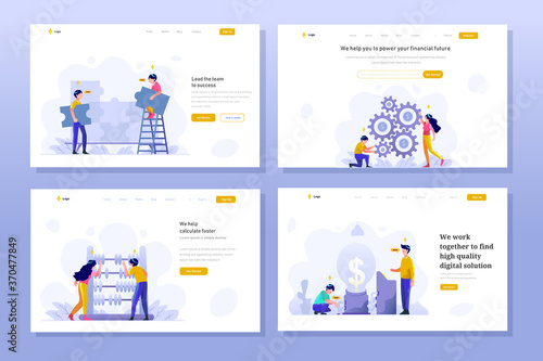 Landing Page Business and finance Vector Illustration flat gradient design style, puzzle, problem solving, teamwork, money management setting, abacus, calculation, idea