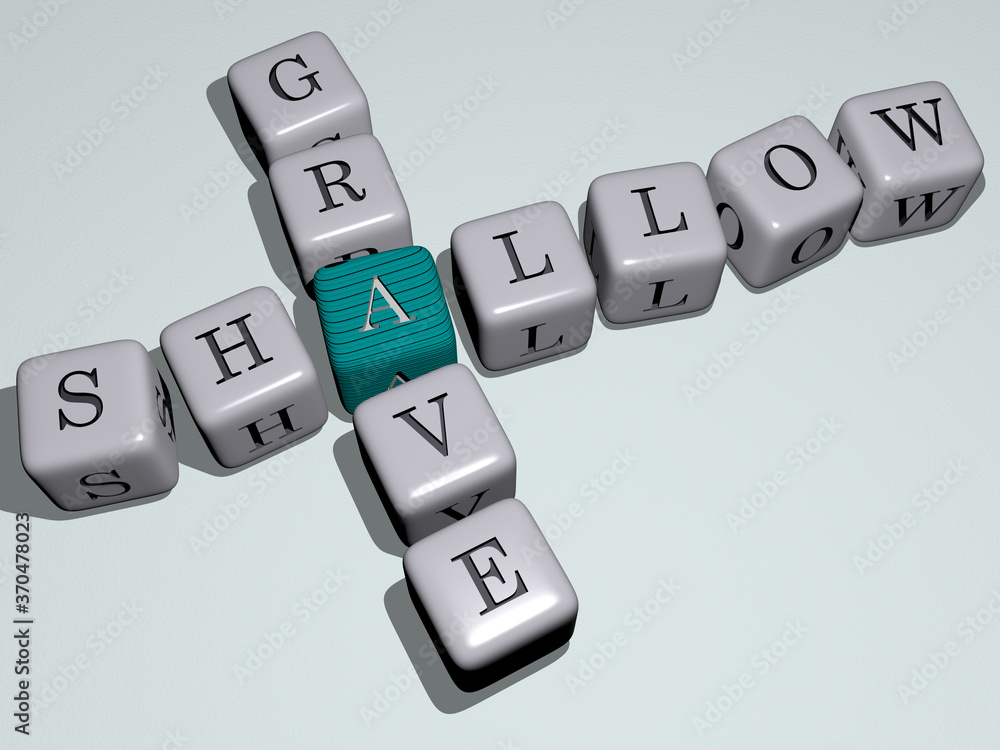 SHALLOW GRAVE crossword by cubic dice letters. 3D illustration. background and depth SHALLOW GRAVE crossword by cubic dice letters. 3D illustration. background and depth