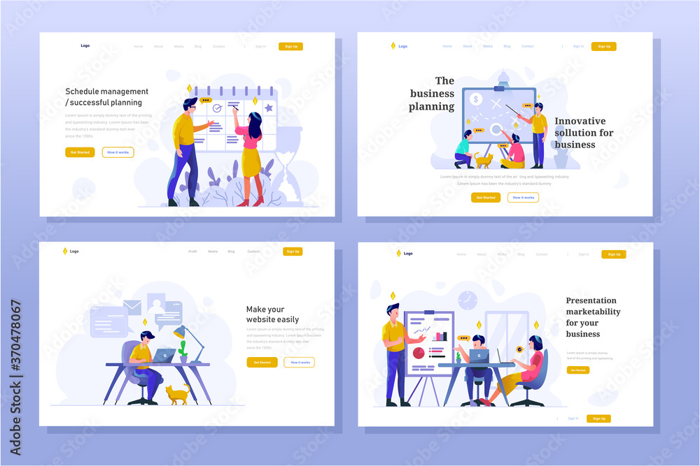 Landing Page Business and finance Vector Illustration flat gradient design style, schedule, strategic planning, work in office, presentation, discussion