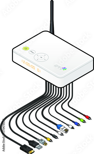 A large white IP TV set top box or integrated receiver decoder with cables, connectors and wifi antenna.