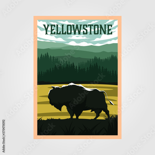 bison on yellowstone national park vintage poster vector illustration, travel poster design
