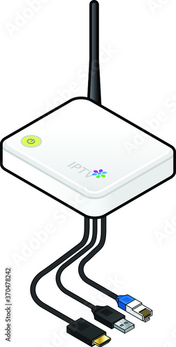 A small white IP TV set top box or integrated receiver decoder with cables, connectors and wifi antenna.