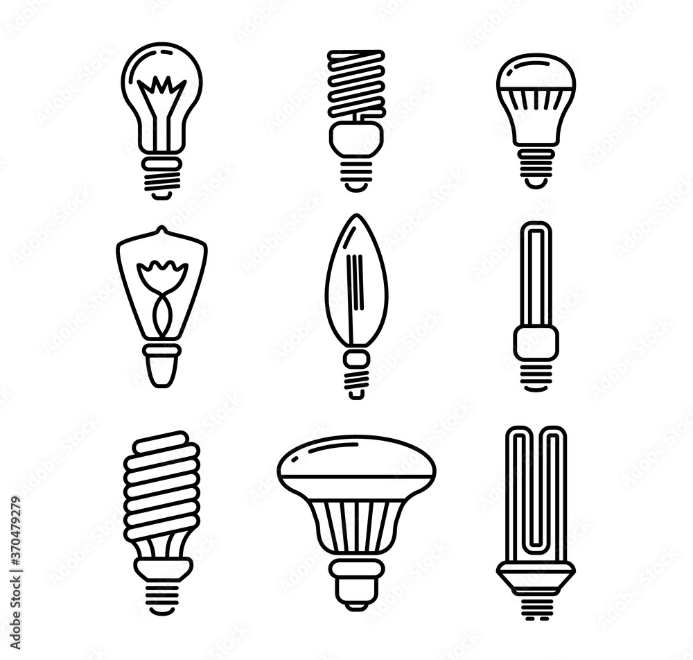 Set of Light Bulbs of Various Shapes Icons Isolated on White Background. Monochrome Idea Signs, Lighting Electric Lamps Set of Light Bulbs of Various Shapes Icons Isolated on White Background. Monochrome Idea Signs, Lighting Electric Lamps