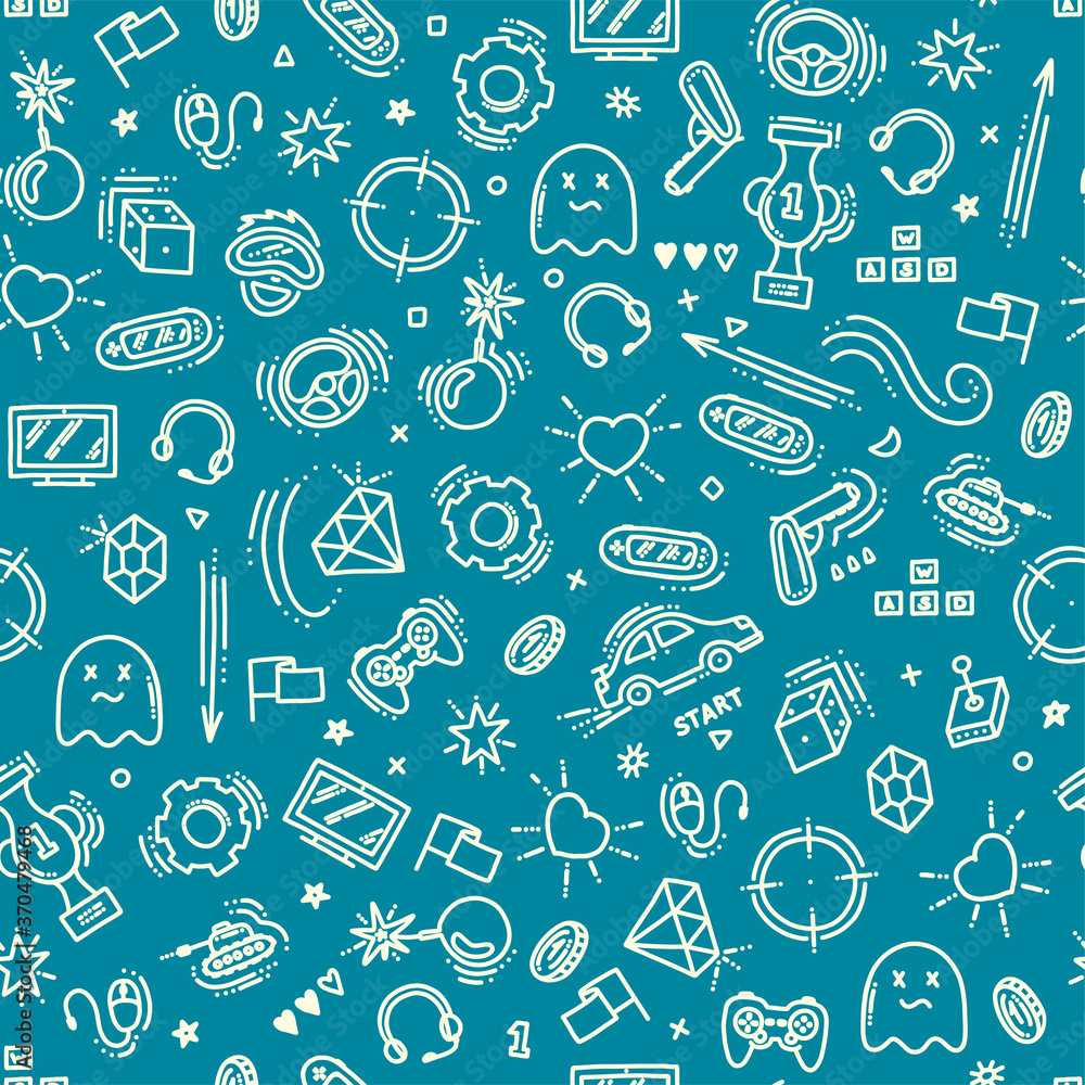 Seamless pattern of gaming objects. Virtual reality, computers, game genres and related stuff. Vector illustration in doodle style. Vector illustration Seamless pattern of gaming objects. Virtual reality, computers, game genres and related stuff. Vector illustration in doodle style. Vector illustration
