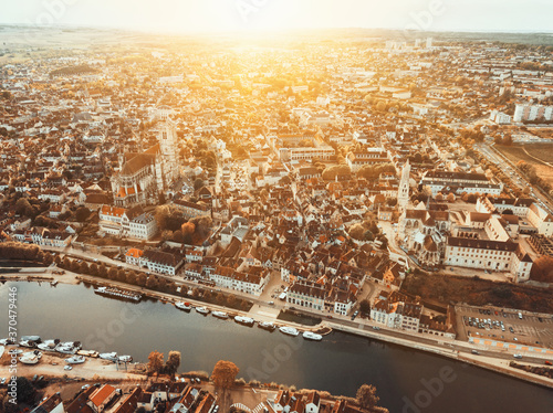 Image of aerial view of famous old town Auxerre with river in France photo