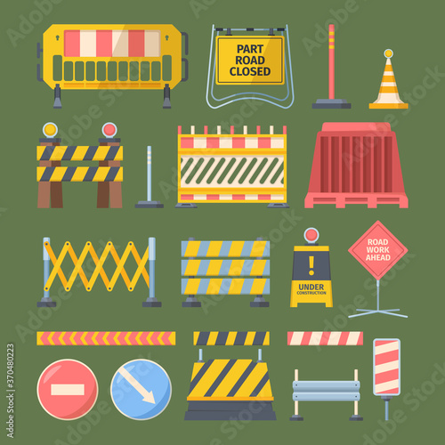 Repair road construction set. Barriers reinforced with flashing lights streets symbol safe reconstruction striped coloring of main planned works notification no passage. Cartoon vector alert.