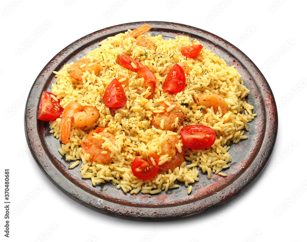 Plate with tasty pilaf on white background Plate with tasty pilaf on white background