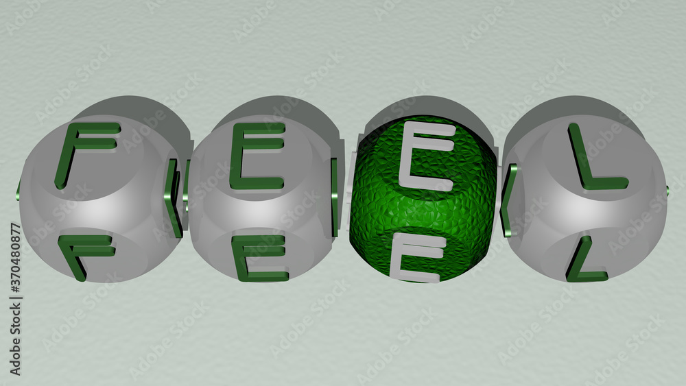 FEEL text by cubic dice letters. 3D illustration. background and girl