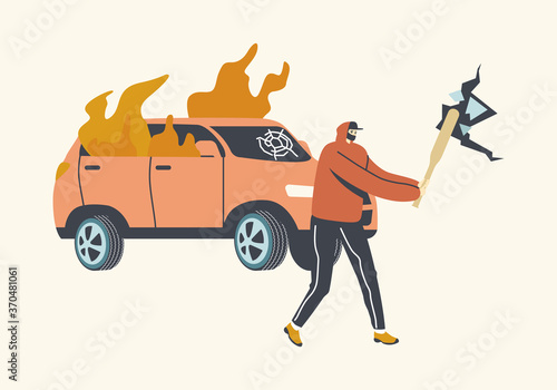 Aggressive Looter Male Character with Hidden Faces and Baseball Bat Breaking Wall and Car on Street. Vandalism, Violence