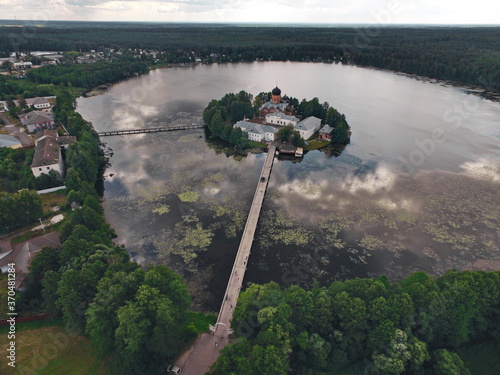 Bird's eye view of the island monastery Svyato-Vvedenskaya hermitage in the vicinity of Pokrova. photo