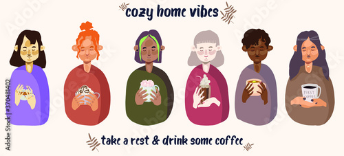 Vector set with girl drinking coffee, pumkin latte, capucino, tea, cacao, espresso. Cozy home vibes. Diverse girls with blonde, red-haired, curves, modern, brown hair and the inscription Hello Autumn