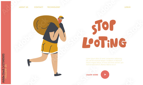 Looting Landing Page Template. Masked Robber Character Run with Stolen Money Sack, Criminal Robbery, Gangster Violence