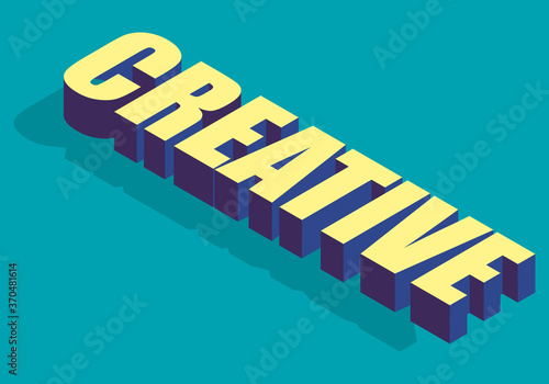 Palabra isométrica de creativo en fondo azul verdoso.