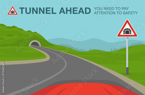 Tunnel ahead warning road or traffic sign. Driving a car. Car is turning left on highway. Flat vector illustration.