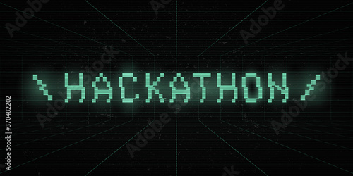 Hackathon 8 bit green glitch title on laser grid background. Hack marathon retro science style banner. VHS effect. Cyberspace concept. Design for banner, flyer, poster, cover, web. Vector
