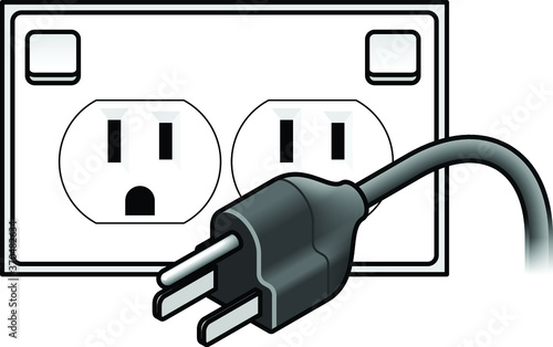 International AC power plug and wall socket: US. Three pin plug with flat active and neutral pins.