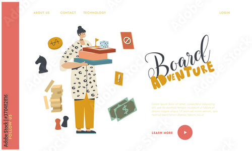 Spare Time Recreation, Weekend Activity Landing Page Template. Female Character Holding Equipment for Playing Board Game