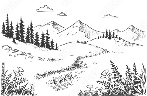 Vector illustration of nature. landscape with mountains, meadows and forest. Illustration of tourism and recreation in the wild. hand-drawn sketch, black and white graphics