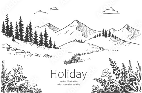 Vector illustration of nature. landscape with mountains  meadows and forest. Illustration of tourism and recreation in the wild. hand-drawn sketch  black and white graphics