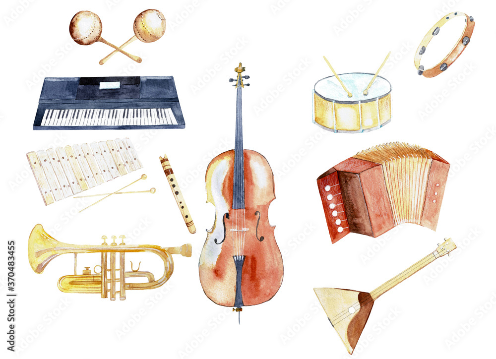 Watercolor hand painted musical instruments isolated on white background. Piano, drums, violin