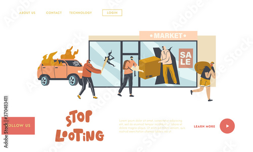 Stop Looting Landing Page Template. Aggressive Masked Male Characters Breaking Store Showcase for Steeling Goods