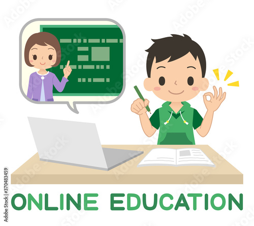パソコンを使ってオンラインで勉強する男の子　オンライン授業　OKサイン　イラスト
