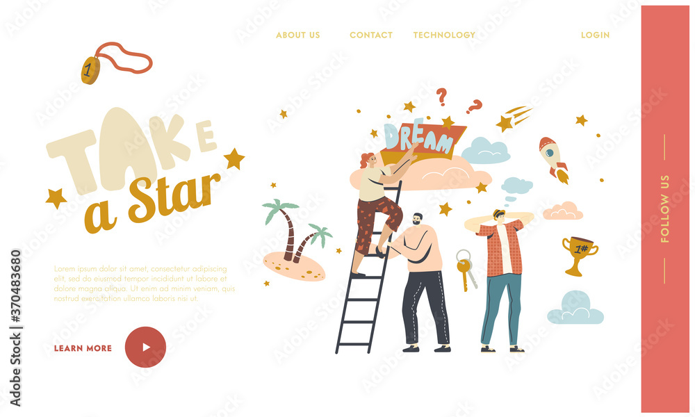 Obraz premium Follow Dream Landing Page Template. Characters Climb Ladder Up to Cloud, Imagine Success and Wealth. People Taking Star