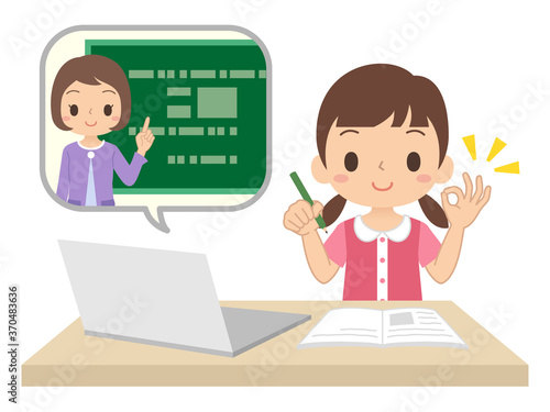 パソコンを使ってオンラインで勉強する女の子　オンライン授業　OKサイン　イラスト