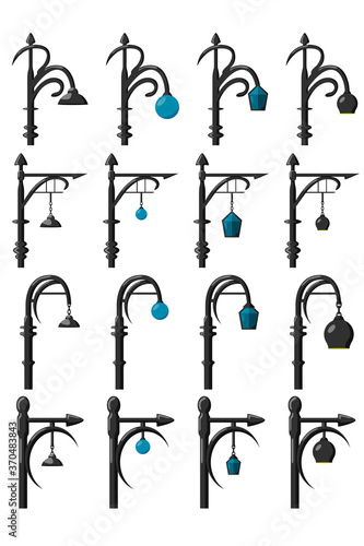 A large set of sixteen street lights for the interior of the exterior space.