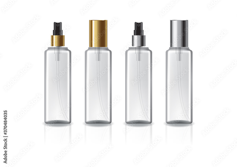 Clear square cosmetic bottle with 2 colors gold-silver spray head for beauty or healthy product. Clear square cosmetic bottle with 2 colors gold-silver spray head for beauty or healthy product.