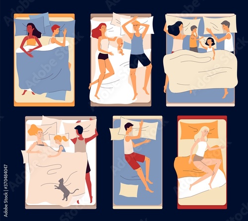 Family with children sleeping in bed scenes in bedroom set of flat vector illustrations.