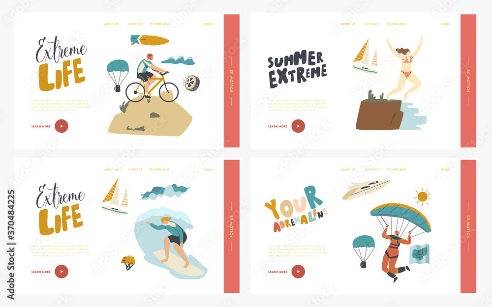 Leisure Sport Xtreme Recreation Landing Page Template Set. Characters Summer Extreme Sport Activity Surfing, Paragliding